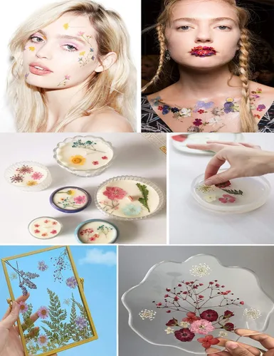 Vista 5 de Juego de 141 flores prensadas secas de otoño marrones para resina, juego de calcomanías de mariposa para Navidad, bricolaje, velas, jarrones