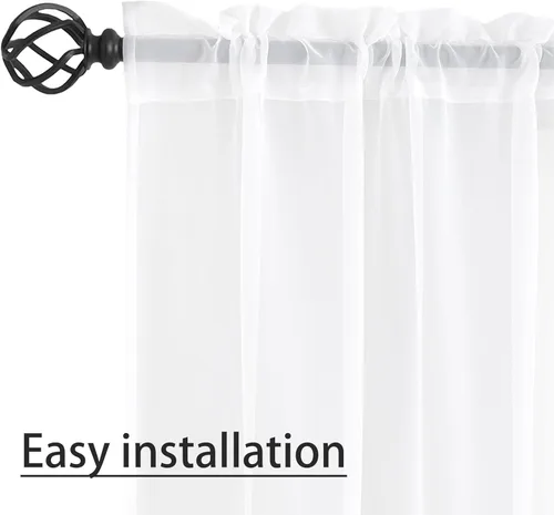Vista 2 de Cortinas semi traslúcidas blancas de 54 pulgadas de largo, 2 paneles con bolsillo para barra, tratamiento de ventana para sala de estar, dormitorio