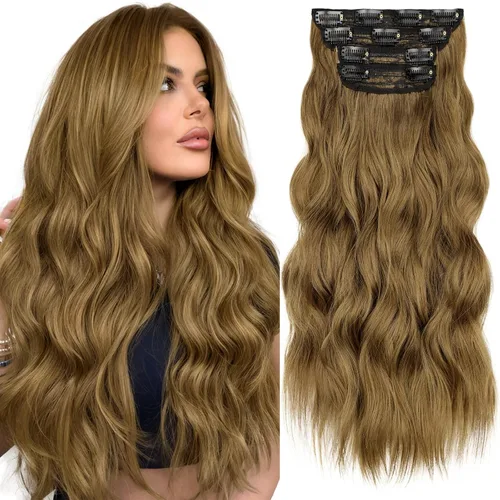 Vista 35 de KooKaStyle Extensiones de cabello sintético con pinzas, largo, ondulado, grueso, balayage, marrón chocolate a rubio caramelo, fibra 10H26