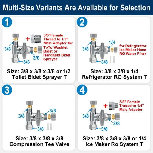 Vista 9 de Válvula Add-A-Tee de parada angular de latón, válvula de T de compresión de 3/8 x 3/8 x 1/4, Adaptador de agua de alimentación para refrigeradores