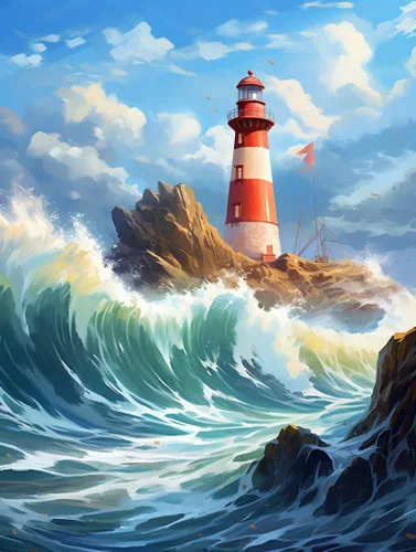 5D Full Round Drill Diamond Art Painting Kits by Number for Adults Beginner Lighthouse & Sea Diamond Beads Art Crystal Embroidery Cross Stitch Craft