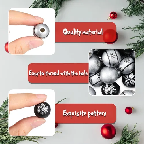 Vista 6 de Jetec 120 piezas de cuentas de madera para Navidad de 0.6 pulgadas, cuentas de madera con diseño de copo de nieve en negro y plateado