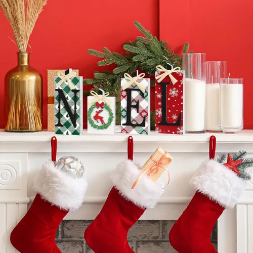 Vista 4 de Decoraciones navideñas de madera de Noel, 4 piezas de decoración rústica de mesa de Navidad, mesa independiente de Navidad, mesa de centro de mesa