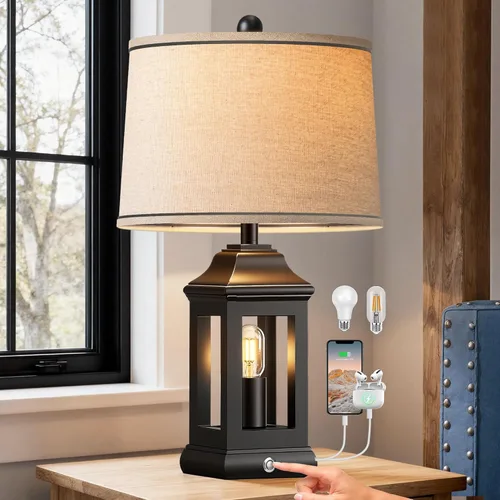 Vista 12 de Juego de 2 lámparas de mesa industriales de granja de 28 pulgadas - Lámparas rústicas de mesita de noche con puertos USB A+C duales, lámparas