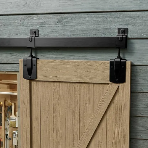Vista 10 de JUBEST Kit de herrajes para puerta de granero exterior de riel de caja de 4 pies, sistema de riel deslizante para puerta de granero negro