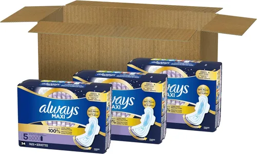 Vista 10 de Always Maxi - Almohadillas femeninas para mujer, talla 5, absorción extra pesada durante la noche, con alas, sin perfume, paquete de 20