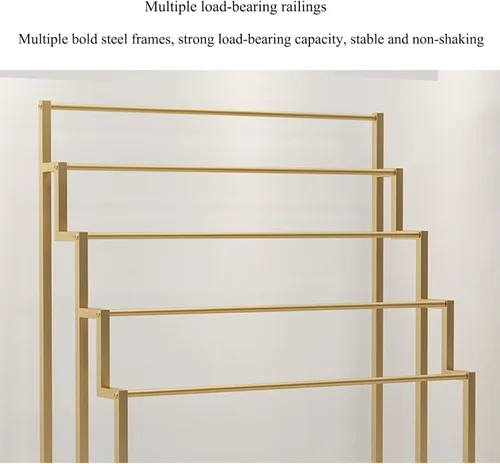 Vista 4 de Soporte de exhibición de bufanda de metal, dorado, antideslizante, varillas colgantes de 5 capas, 23.6-59.1 in