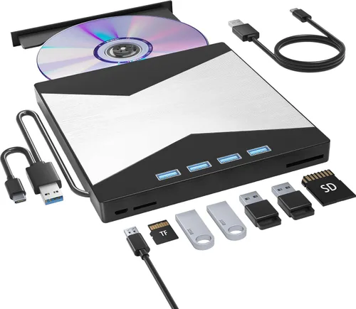 Unidad externa de CD/DVD para portátil, reproductor de DVD para portátil, grabadora de CD ultrafina 8 en 1 con 4 puertos USB y 2 ranuras para