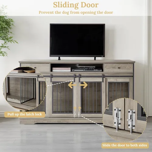 Vista 6 de Rovibek Muebles de jaula doble para perros de 66 pulgadas, jaula decorativa 2 en 1 para 2 perros con cajón y divisor extraíble, mesa auxiliar
