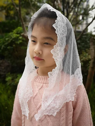 Vista 6 de Velos triangulares de mantilla para niñas de primera comunión, con encaje, misa latina