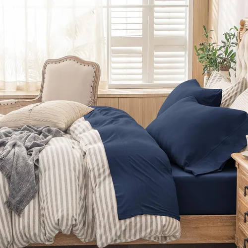 Vista 22 de PURE ERA - Juego de sábanas punto jersey de 4 piezas, 100% algodón, supersuaves, cómodas, transpirables, para colchones de hasta 20 pulgadas, Gris