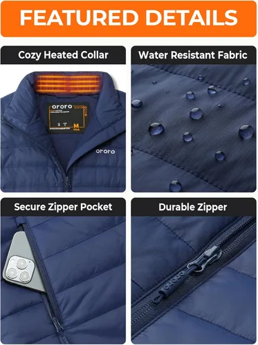 Vista 5 de ORORO Chaleco térmico ligero para mujer con batería recargable USB-C, chaleco térmico clásico acolchado