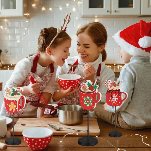 Vista 2 de Amyhill 3 piezas de decoración de mesa de Navidad para centros de mesa de chocolate caliente, letrero de bandeja escalonada, decoración de madera