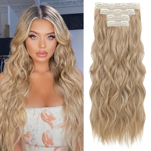 Vista 19 de REECHO Extensiones de cabello con pinza, 4 piezas de extensiones de cabello rubio de 24" de largo, ondas de playa gruesas, HE003, trama de encaje