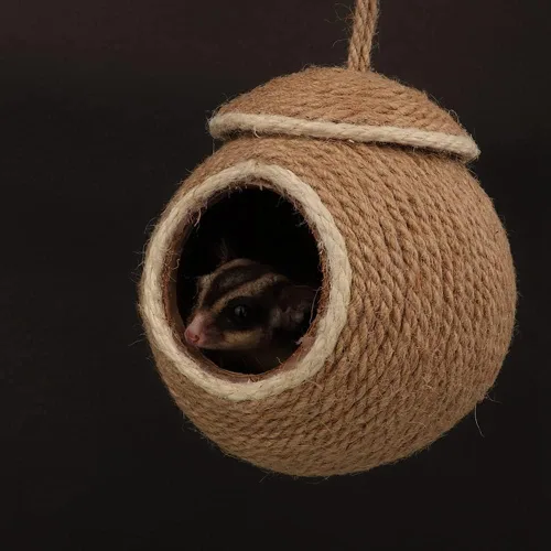Vista 8 de Sugar Glider House - Cabaña de cuerda de cáñamo con cáscara de coco natural, nido para planeador de azúcar, hámster, ardilla, periquito de pájaro