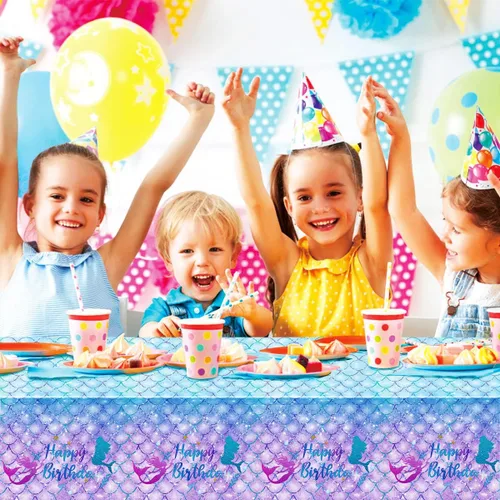 Vista 4 de DaiUni 1 mantel de cumpleaños de sirena para decoración de fiesta de cumpleaños, funda rectangular desechable de plástico para suministros de fiesta