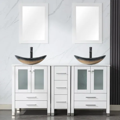 Vista 25 de LUCKWIND 60" Double 24" Bathroom Vanity with Sink Combo, Elegant Series with One 12.6-in Side Cabinet, Painted Frame, Including Tempered Glass Round