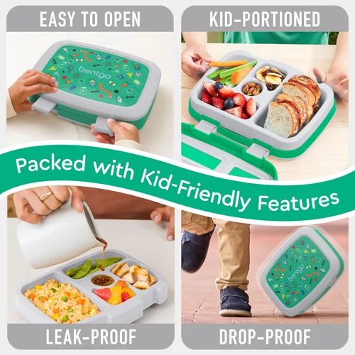 Vista 4 de Bentgo Kids Prints - Lonchera para niños, a prueba de derrames, con 5 compartimentos, estilo bento, tamaño de porciones ideales para edades de 3 a 7
