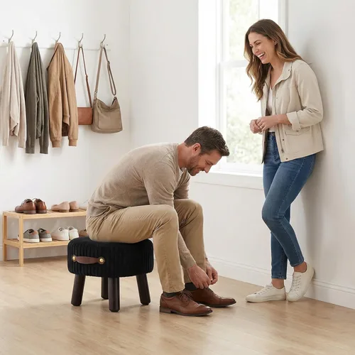 Vista 9 de Reposapiés otomano pequeño, taburete con asa, reposapiés otomano de terciopelo con asiento acolchado, taburete curvado con patas de madera para sala