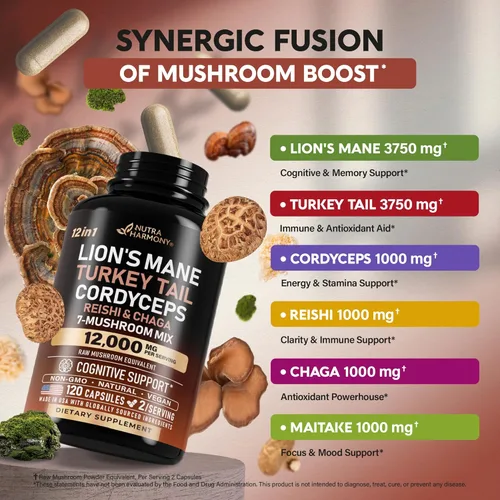 Vista 5 de Suplemento de hongos - Melena de león orgánica Cola de pavo Chaga Cordyceps Reishi Maitake Shiitake Meshima Tremella Seta ostra