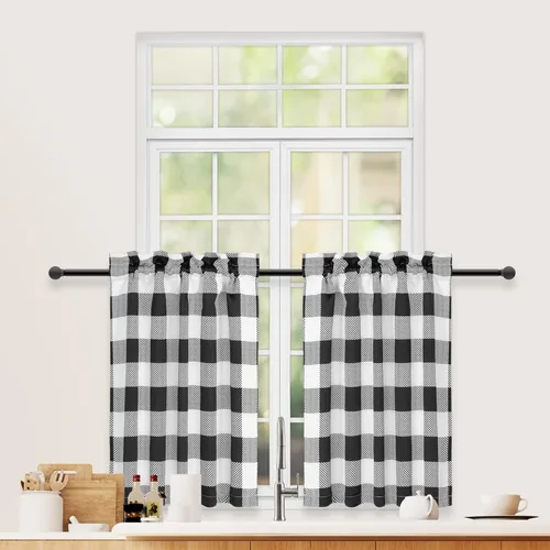 Vista 30 de Simple Deluxe Paquete de 4 cenefas opacas de cuadros búfalo para ventanas de cocina, sala de estar, casa de campo, dormitorio, cenefa de cortina
