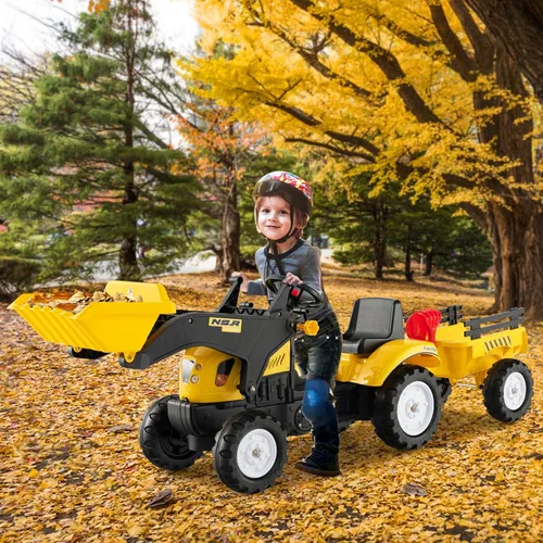 Vista 2 de Olakids Excavadora de Montar para Niños, Carro Excavador de Pedales Bulldozer con Cucharón de Control Manual, Remolque de Carga Desmontable, Pala