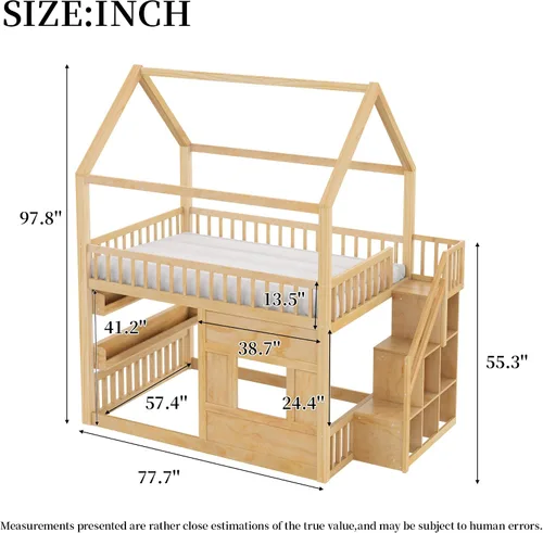Vista 2 de Cama de casa de tamaño matrimonial con luz LED integrada y barandillas de seguridad, marco de cama de madera con escalera resistente para niños