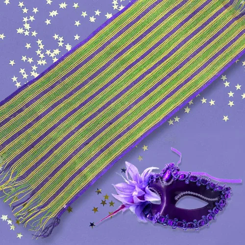 Vista 4 de Mardi Gras - Bufanda de malla brillante con máscara de plumas de purpurina morada accesorio de disfraz de Mardi Gras disfraz de mascarada para Mardi