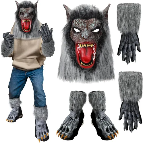 ramede 3 piezas de disfraz de hombre lobo para Halloween, máscara de cabeza de lobo para adultos, guantes de garras, guantes de hombre lobo,