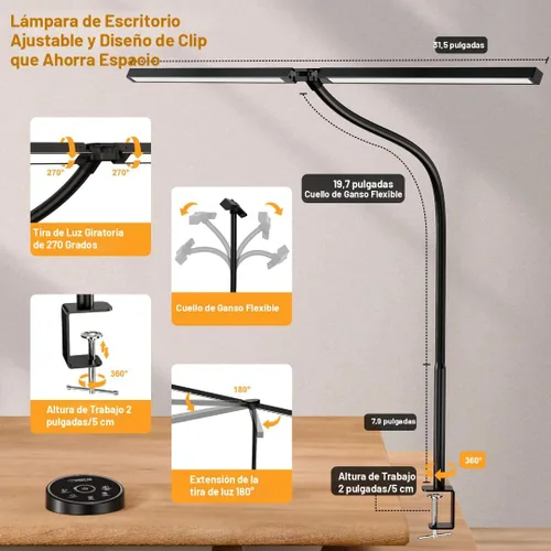 Vista 5 de Pzloz Lámpara de escritorio LED para oficina en casa - Lámpara de arquitecto para cuidar los ojos con abrazadera, luz inteligente de trabajo