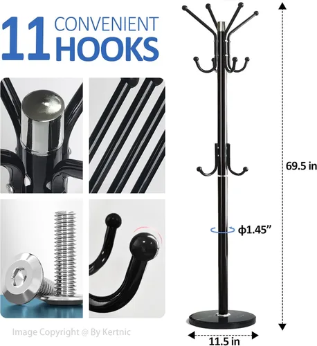 Vista 3 de Kertnic Perchero moderno independiente con base de mármol natural y marco de metal resistente, 11 ganchos árbol de vestíbulo para chaquetas