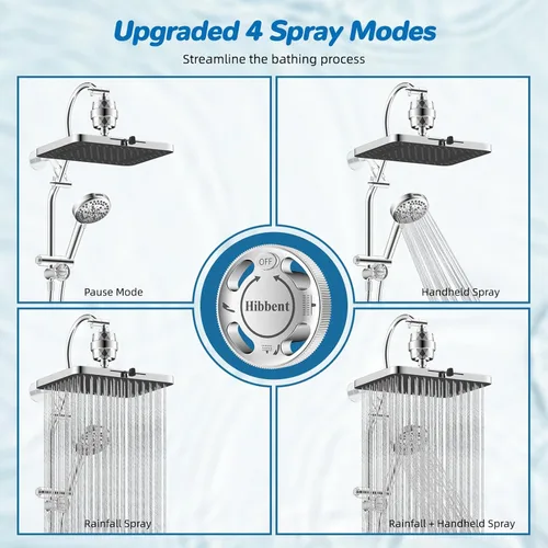 Vista 5 de Hibbent Combo de Cabezal de Ducha de Lluvia con Doble Filtro de 5 Chorros, Cabezal de Ducha de Alta Presión de 13'' con Ducha de Mano de 10 Modos