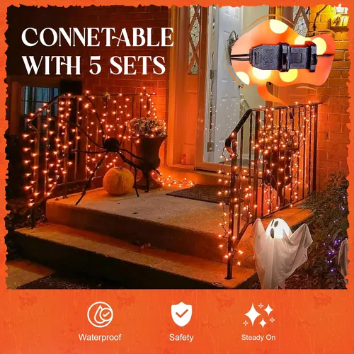 Vista 3 de woohaha Luces de Halloween para exteriores (23 pies, 100 unidades) - Luces de Navidad naranjas incandescentes con cable negro, mini luces naranjas