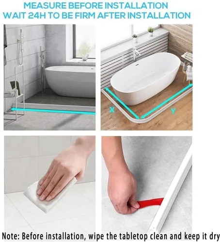 Vista 5 de Protector de agua para umbral de ducha de 3.5 pies, barrera impermeable de silicona autoadhesiva para separación seca y húmeda, tira de sellado