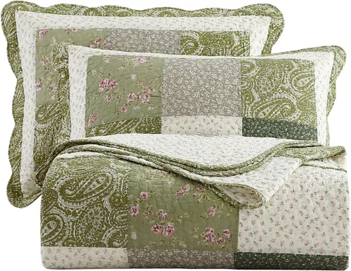 Vista 10 de vctops - Juego de edredón acolchado floral bordado de 2 piezas, 100% algodón, reversible, 1 edredón y 1 funda de almohada (café, individual)