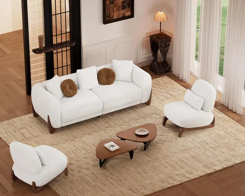 Vista 9 de Morden Fort Juego de sofá Cloud de 3 piezas, moderno sofá Sherpa Boucle con patas de madera, cómodos sofás tapizados minimalistas agradables a