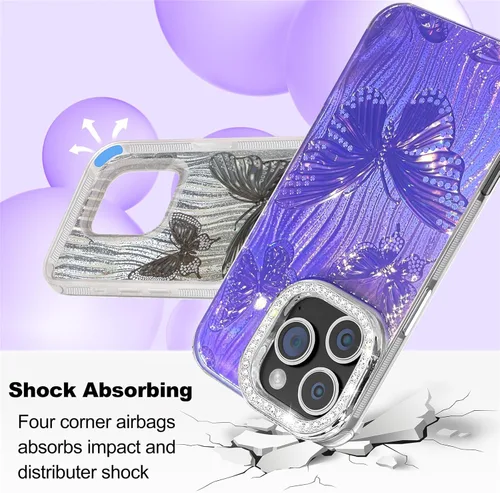 Vista 490 de I-MGAE-IN-AR - Funda diseñada para iPhone 12 y 12 Pro, diseño de mariposa plateada brillante, funda protectora de poliuretano termoplástico, suave