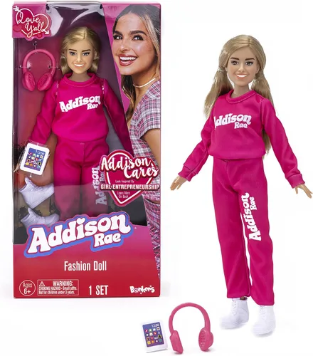 Addison Rae Muñeca de moda - Cómoda; estilo de tendencia; contiene muñeca de 11 pulgadas y accesorios, incluyendo auriculares, tableta y zapatillas