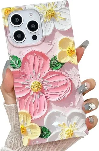 Vista 27 de BANAILOA Funda compatible con iPhone 14 Pro con borde rectangular, bonita funda protectora de lujo con pintura al óleo y flores para mujeres