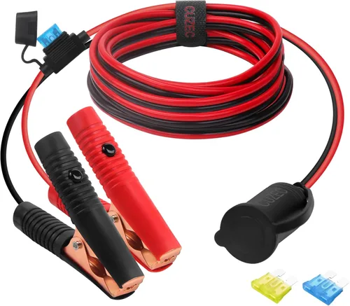 CUZEC Enchufe de cable de extensión de 6 pies/5.9 ft 16 AWG con abrazadera de batería de 12 V/24 V con clip de batería y adaptador para encendedor
