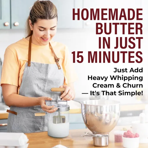 Vista 2 de Batidora de Mantequilla Dazey - Tela de Queso, Paletas de Mantequilla, Libro de Recetas INCLUIDOS - Batidora de Mantequilla de Manivela Manual