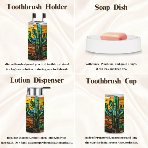 Vista 7 de Bathroom Accessory Set 6 Piece Emerald Cactus Vibrant Sky Stained Glass Western Scene Trash can, Toothbrush Holder, Soap Dispenser, Soap Dish