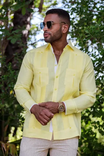 Vista 3 de Mojito - Guayabera de manga larga para hombre, 100% lino, panel de contraste y pliegues tonales Agua