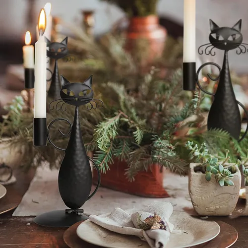 Vista 7 de Candelabros negros con diseño de gato para velas LED sin llama, estilo retro rústico para el hogar, decoración de gato de metal para centro de mesa