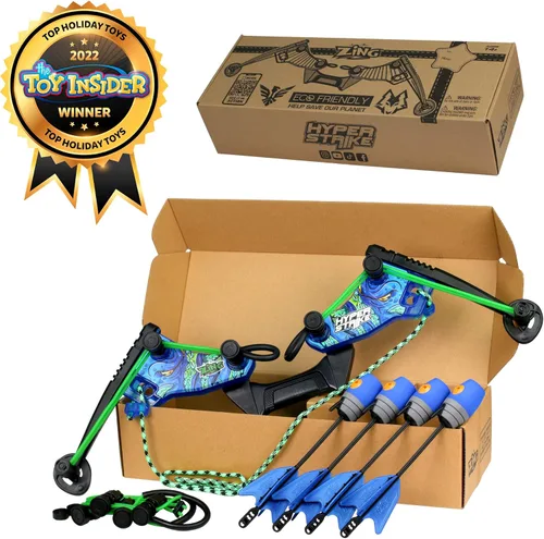 Vista 2 de Zing HyperStrike Dominator Bow Pack – 1 arco dominador azul, 4 flechas de silbato zónico azul, 1 juego de repuesto de cuerda elástica y 1 correa