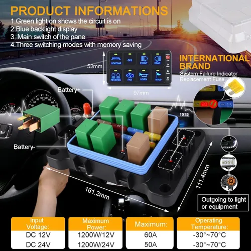 Vista 3 de Panel de interruptor impermeable, 12/24 V 4/6/8 grupos 10/30 A+luz LED azul 8 paneles de interruptor basculante para coche y vehículo Rv Control