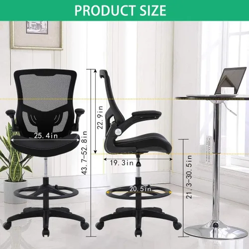 Vista 7 de Silla de dibujo, silla de escritorio de pie, silla de oficina alta con brazos abatibles, anillo de pie, sillas de malla para computadora, silla