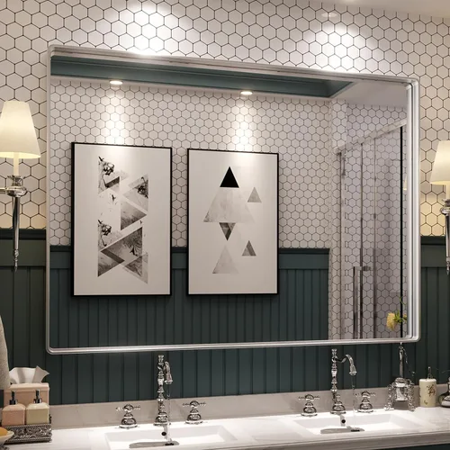 Vista 23 de ISKM Espejo de baño con marco de metal negro para pared de 40 x 32 pulgadas, espejo rectangular redondeado, antioxidante (horizontal/vertical)