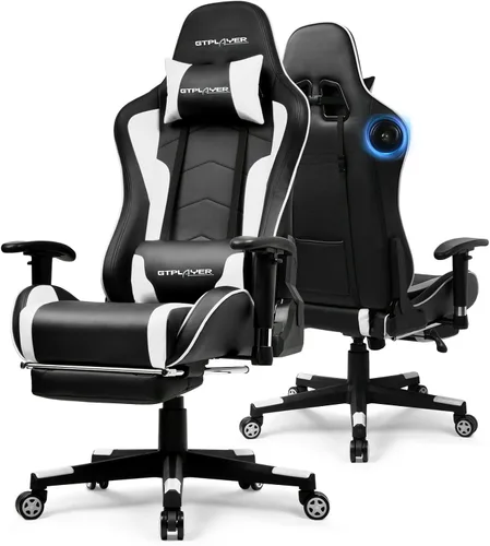 Vista 17 de GTPLAYER Silla de juegos con altavoces Bluetooth, respaldo y altura ajustables, reposabrazos 3D, reposapiés, silla ergonómica para computadora