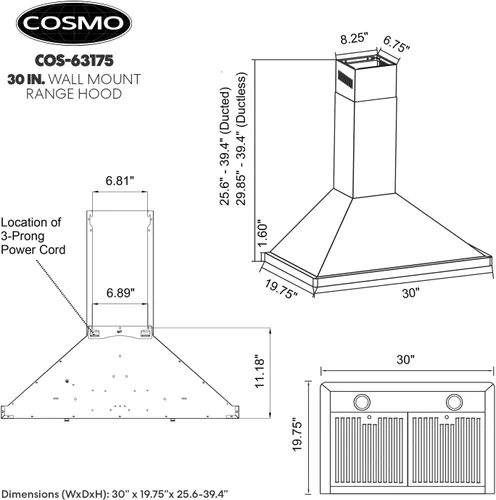 Vista 3 de COSMO COS-63175 - Campana extractora de montaje en pared de 30 pulgadas Vista Collection 380 CFM con conducto, controles de botón, luces LED, acero